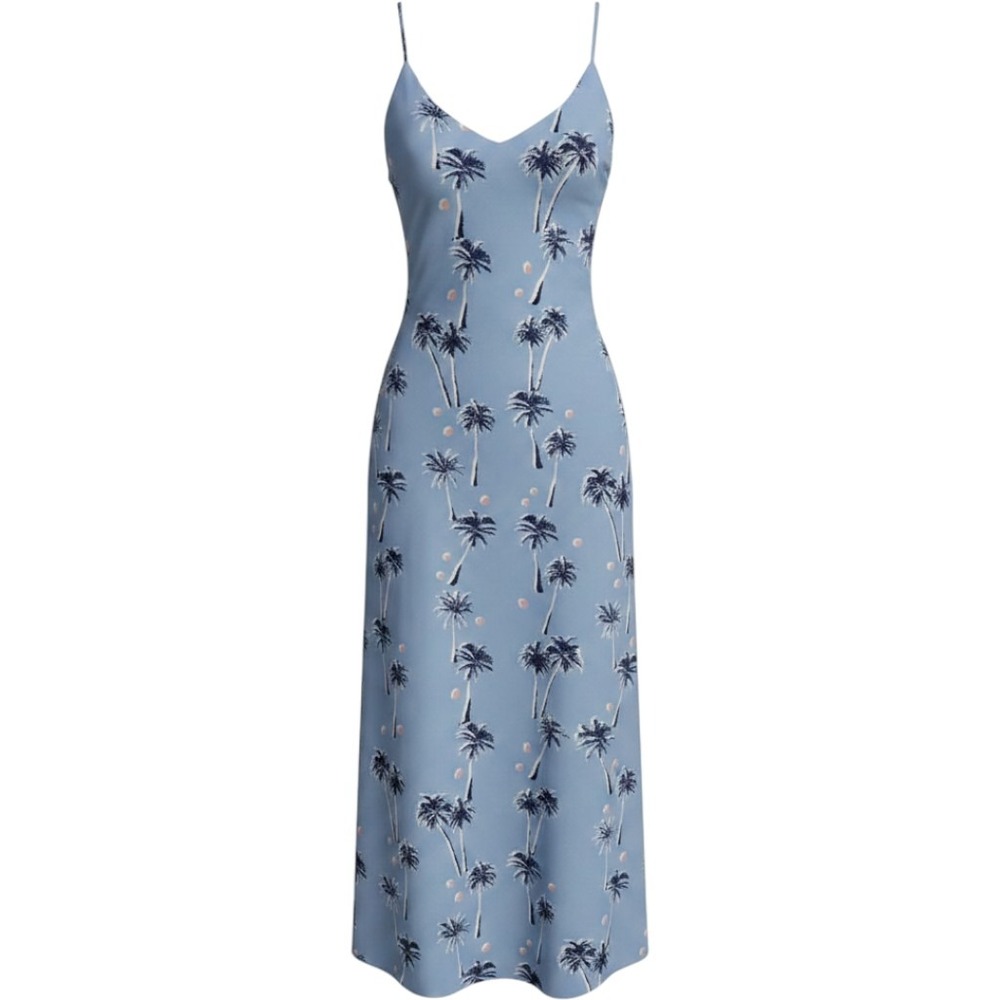 c&e Blue Palm Tree Print Adjustable Spaghetti Strap V-Neck Maxi W/slit Dress L